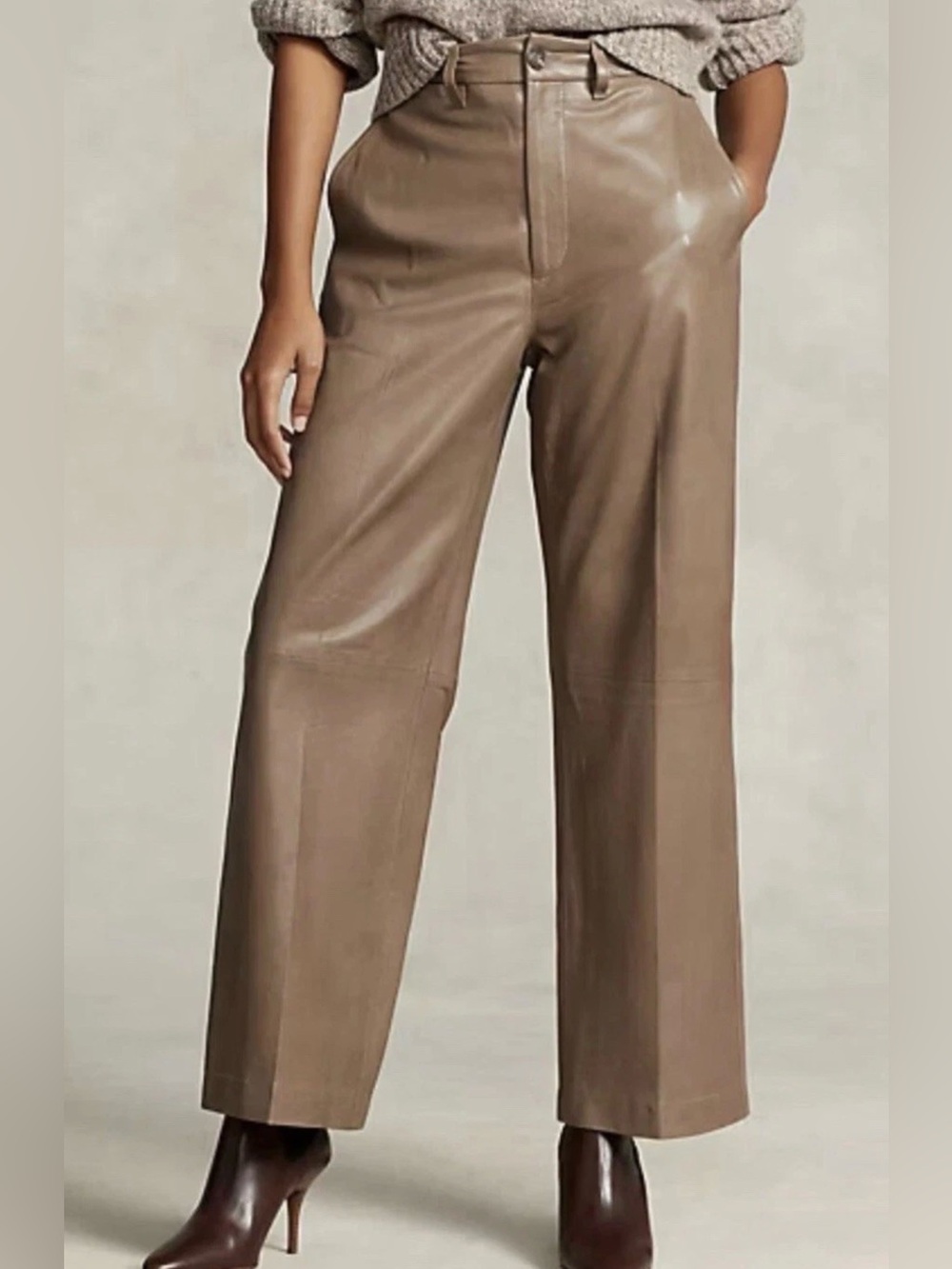 Polo Ralph Lauren Womenโs Tan Lambskin Leather Cropped Wide Leg Pants Sz 10 NWT
